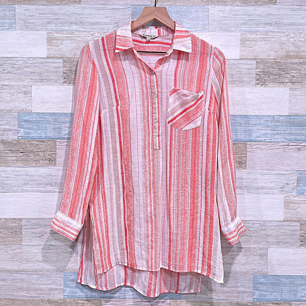 NANETTE LEPORE Longline Polo Collar Popover Top Coral Stripe Slits Womens Small